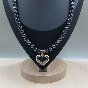 Vintage hematite bead heart pendant necklace, statement glam style.